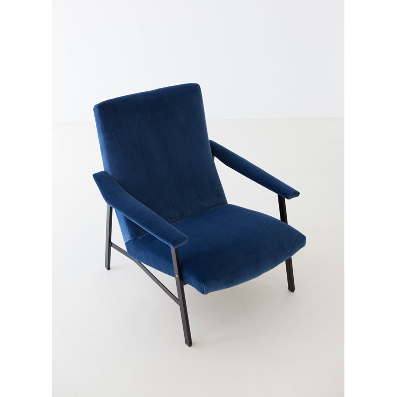 Vintage Blue Velvet and Black Iron Armchair 1950s 