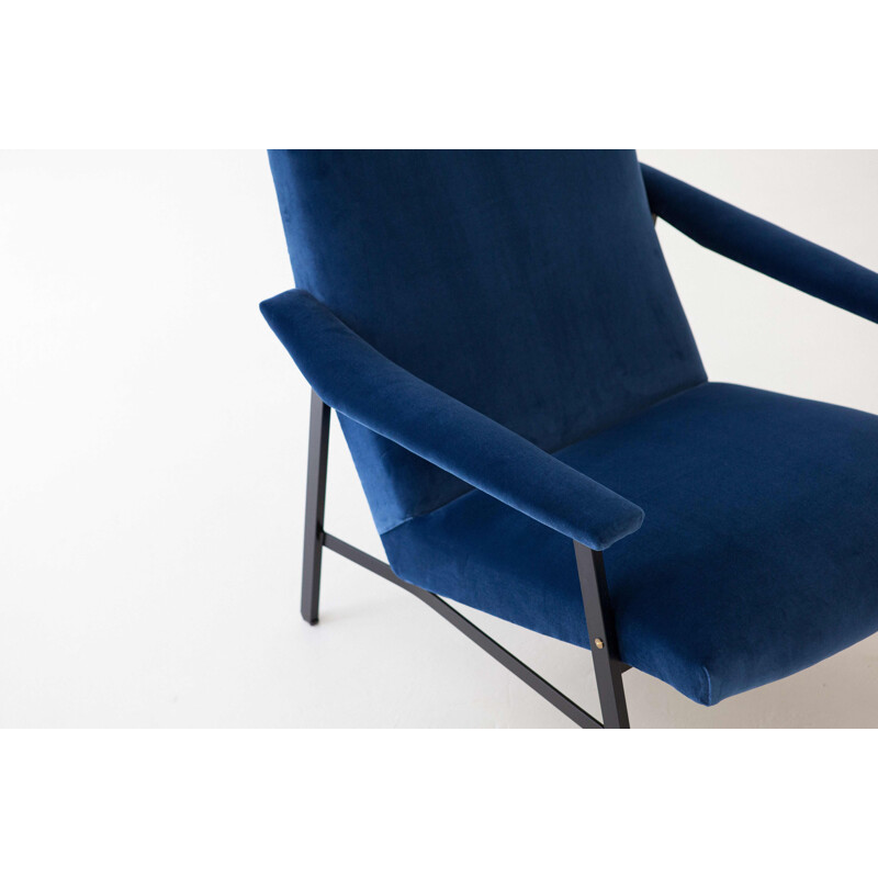 Vintage Blue Velvet and Black Iron Armchair 1950s 
