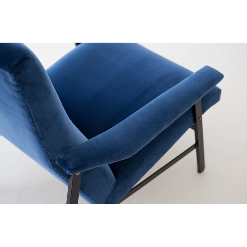 Vintage Blue Velvet and Black Iron Armchair 1950s 