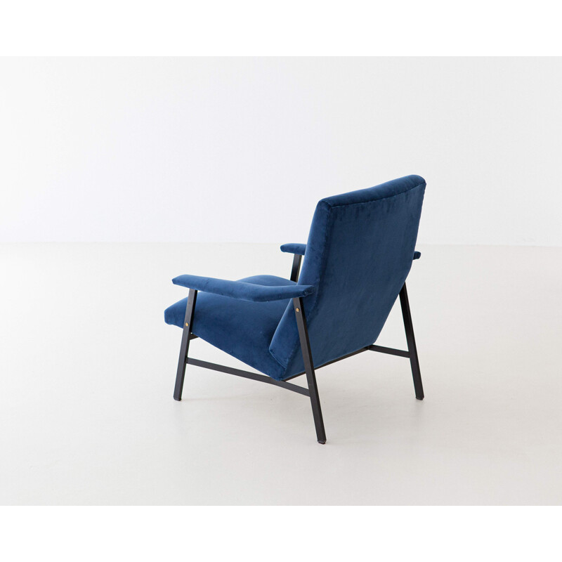 fauteuil vintage en velours bleu et en fer noir 1950 