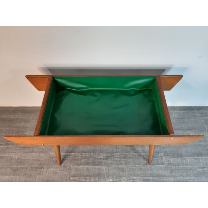 Vintage plant holder in teak and green plastic 1960