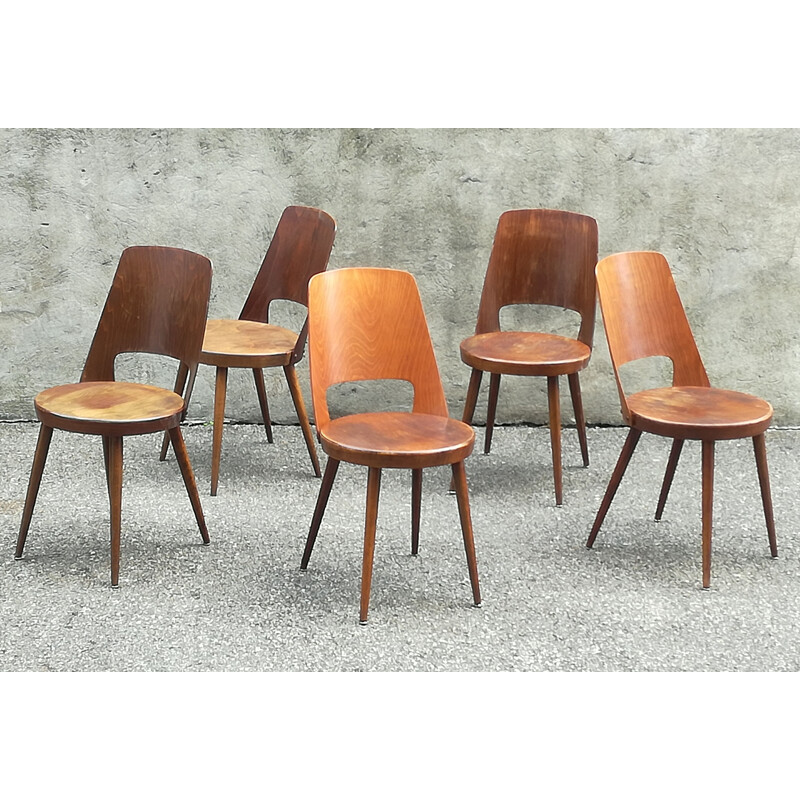 Set of 5 beech chairs vintage Bistro Baumann Mondor