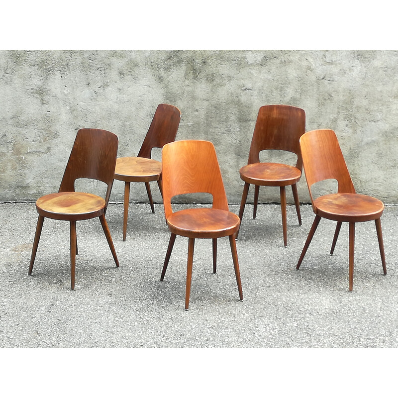 Set of 5 beech chairs vintage Bistro Baumann Mondor