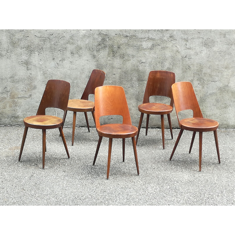 Set of 5 beech chairs vintage Bistro Baumann Mondor