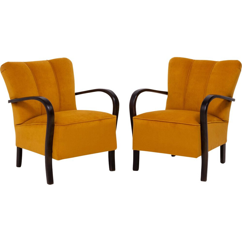 Set of 2 vintage yellow velvet bentwood Halabala armchairs