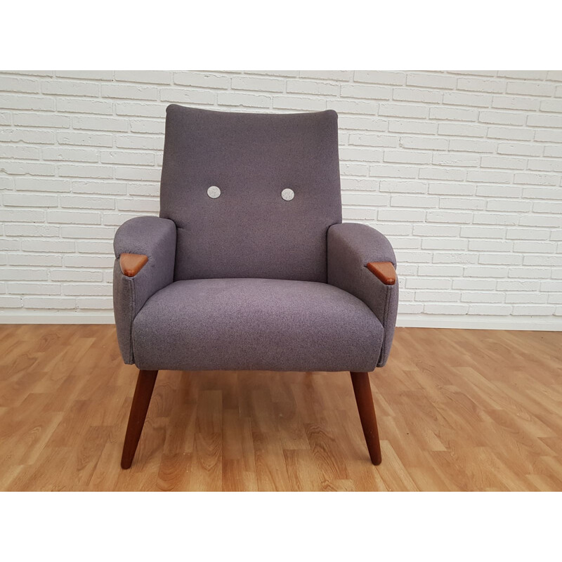 Danish armchair in grey fabric and teak