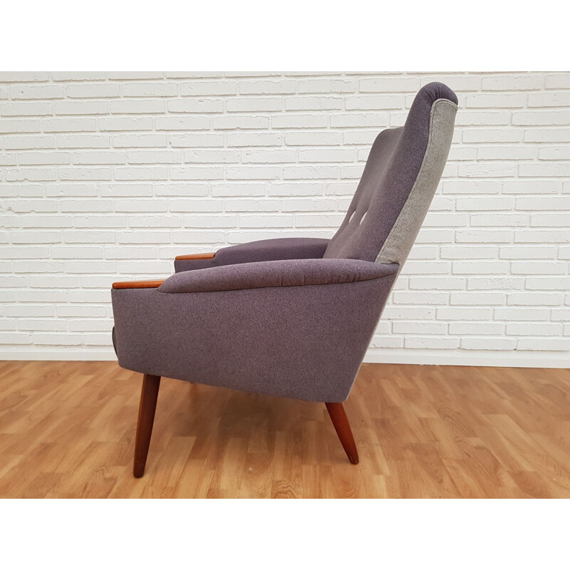 Danish armchair in grey fabric and teak