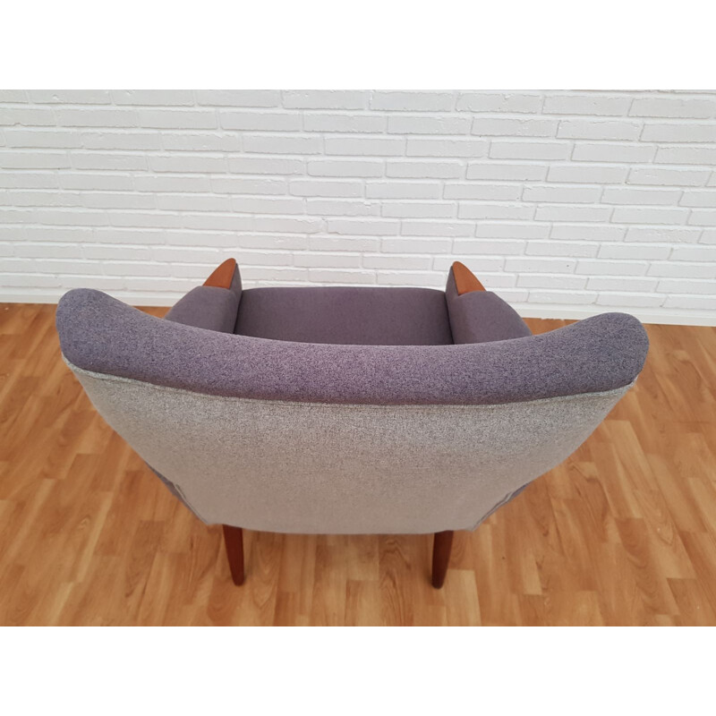 Fauteuil danois vintage en tissu gris et teck