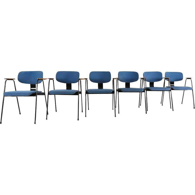 Set of 6 vintage chairs for Tubax in blue vinyl and metal 1950