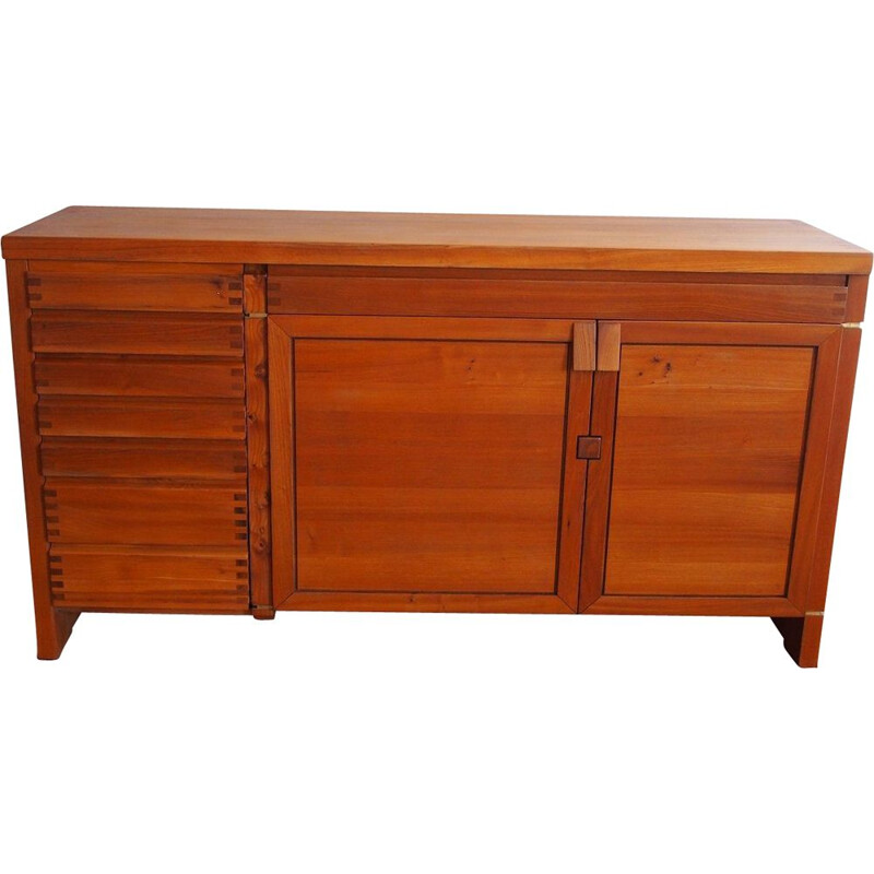 Vintage R13 sideboard by Pierre Chapo in solid elm and brass 1970
