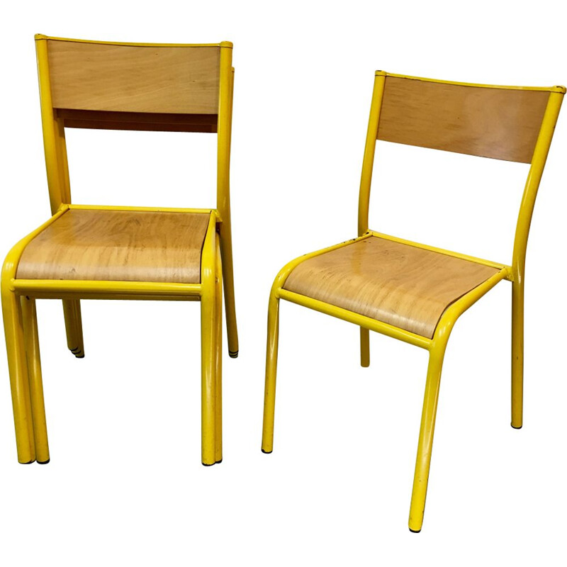 Pair of french vintage chairs in yellow steel and wood 1980