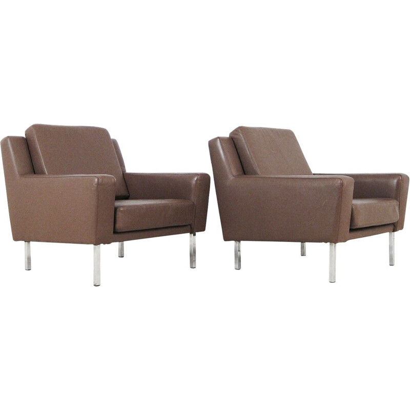 Pair of vintage armchairs in brown leather, 1960