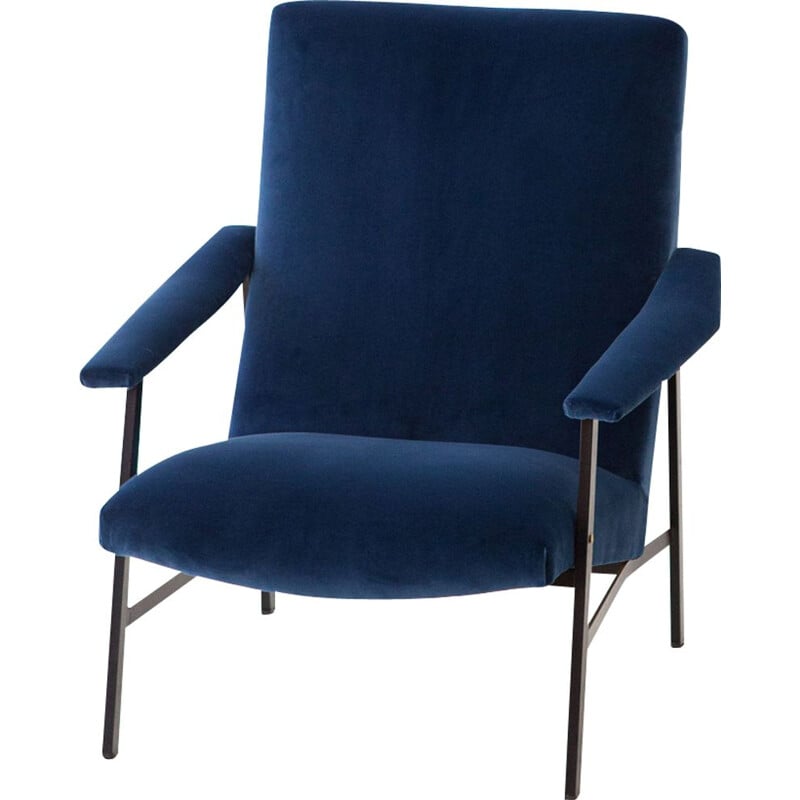 fauteuil vintage en velours bleu et en fer noir 1950 