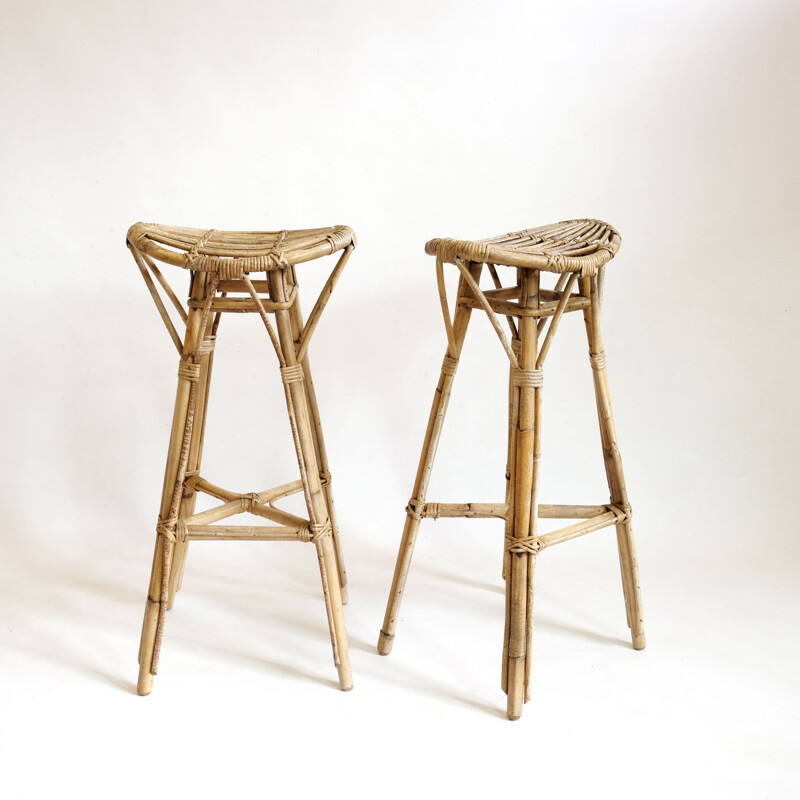 Pair of vintage high stools in rattan