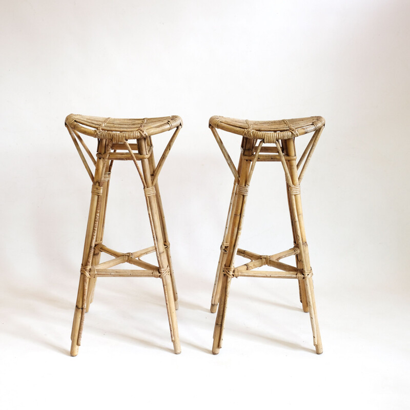 Pair of vintage high stools in rattan