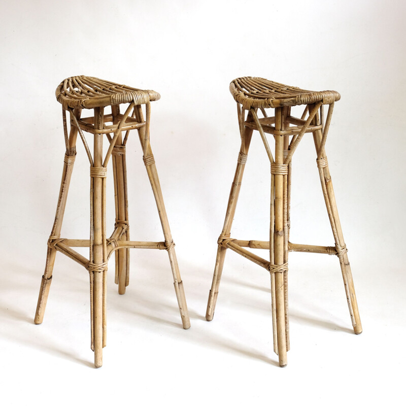 Pair of vintage high stools in rattan