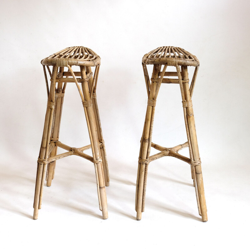 Pair of vintage high stools in rattan