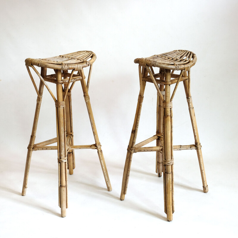 Pair of vintage high stools in rattan