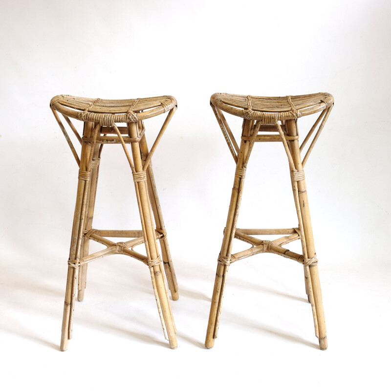 Pair of vintage high stools in rattan