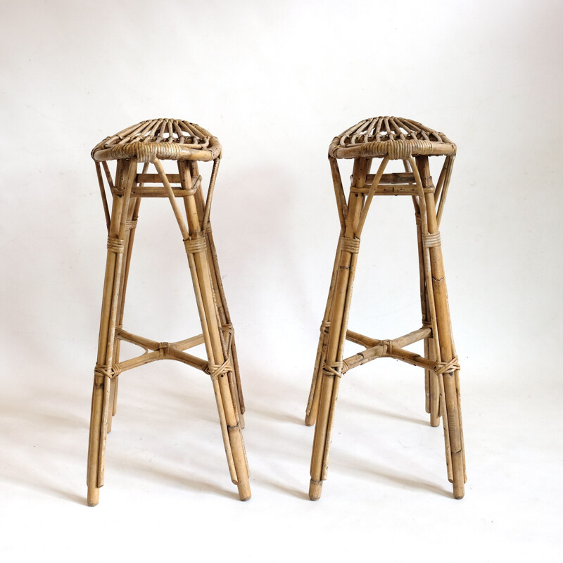 Pair of vintage high stools in rattan