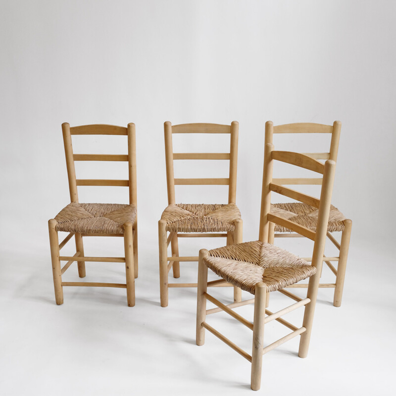 Set of 4 chairs in blond wood and straw