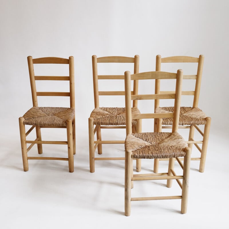 Set of 4 chairs in blond wood and straw