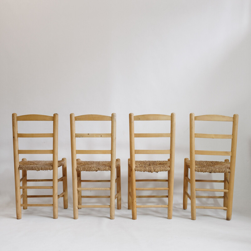 Set of 4 chairs in blond wood and straw