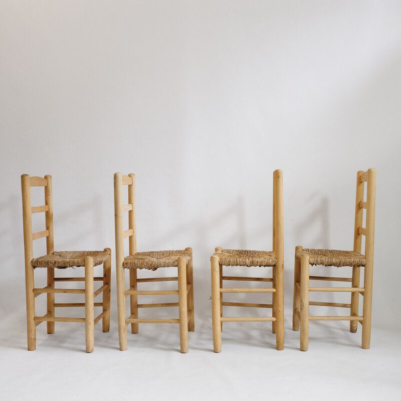 Set of 4 chairs in blond wood and straw