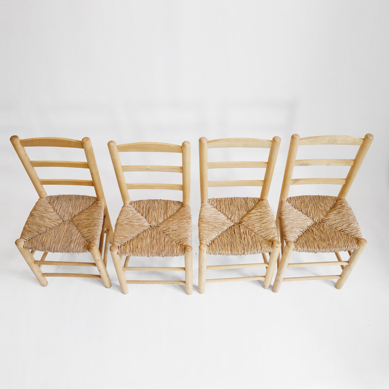 Set of 4 chairs in blond wood and straw