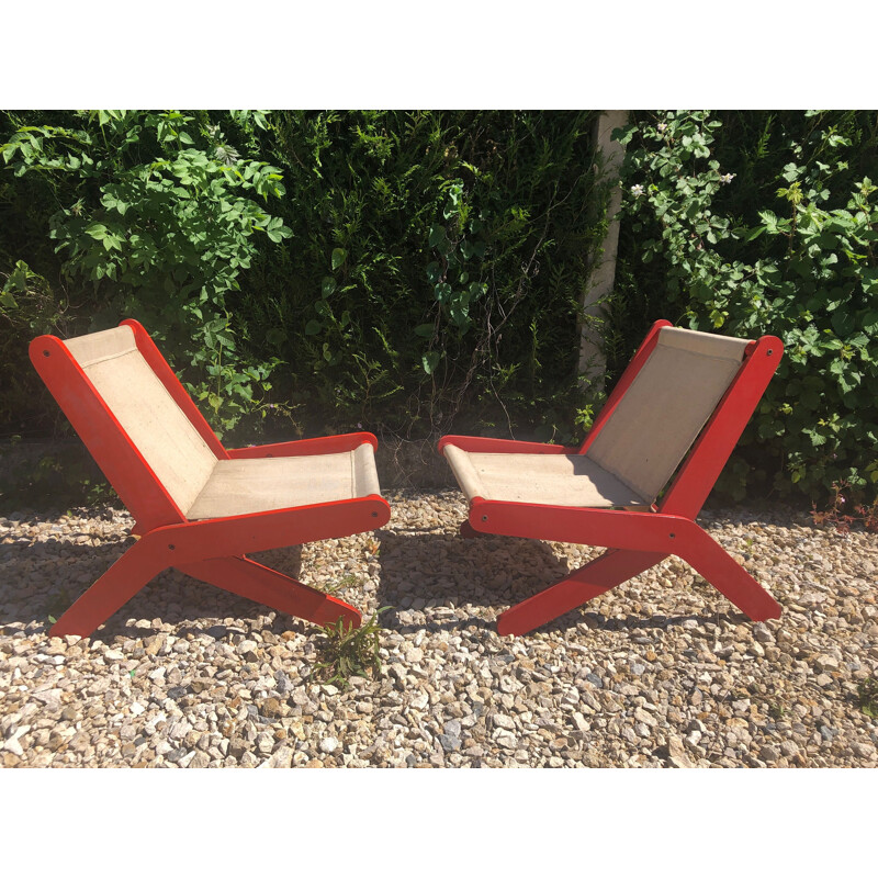 Pair of french red folding vintage armchairs 1950