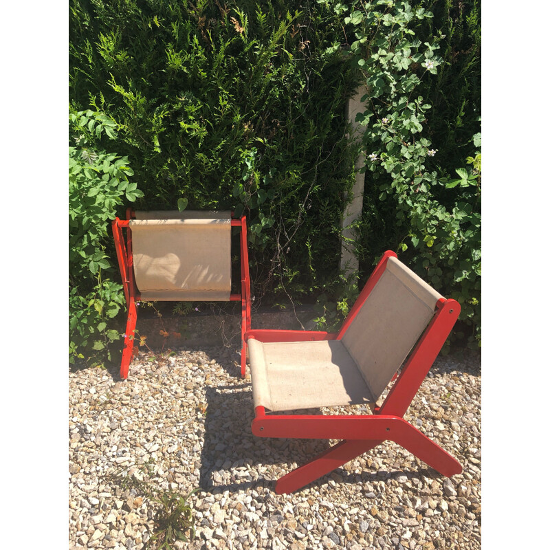 Pair of french red folding vintage armchairs 1950