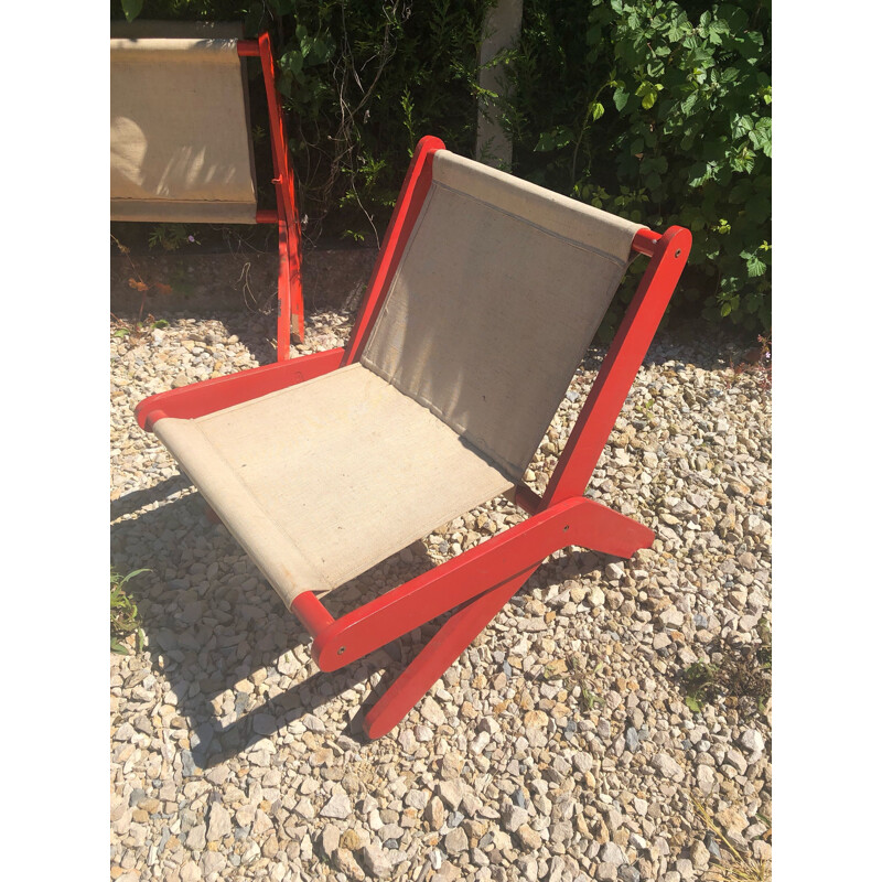 Pair of french red folding vintage armchairs 1950