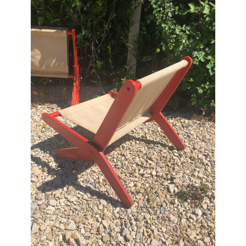 Pair of french red folding vintage armchairs 1950
