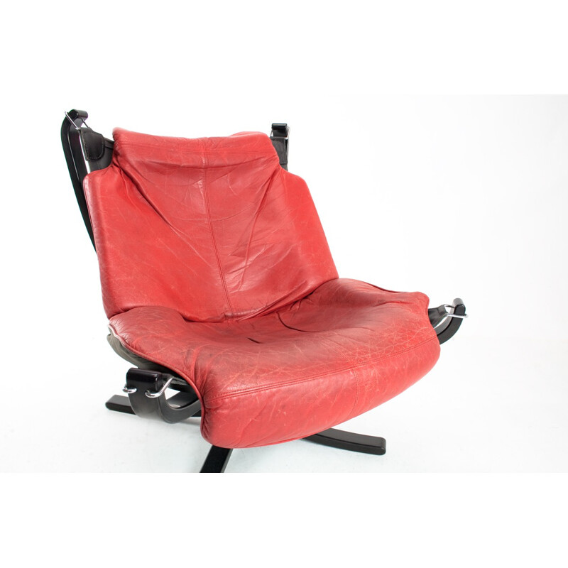 Vatne Mobler wooden and red leather armchair, Sigurd RESSELL - 1960s