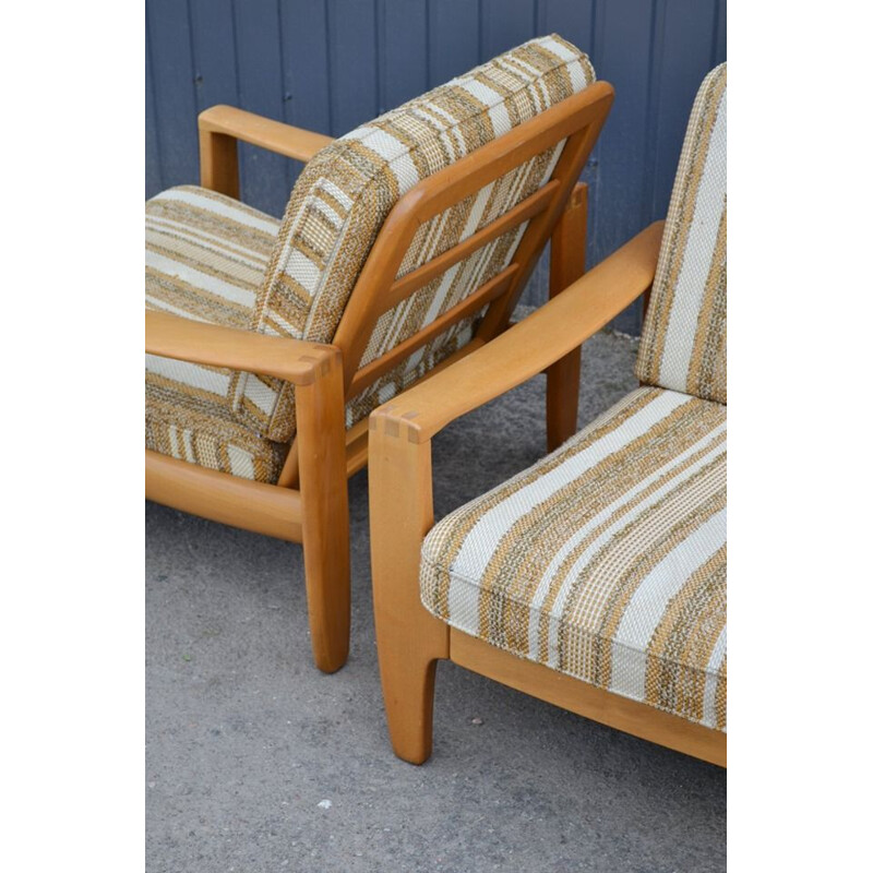 Suite de 4 fauteuils vintage allemands en laine et bois de hêtre 1970