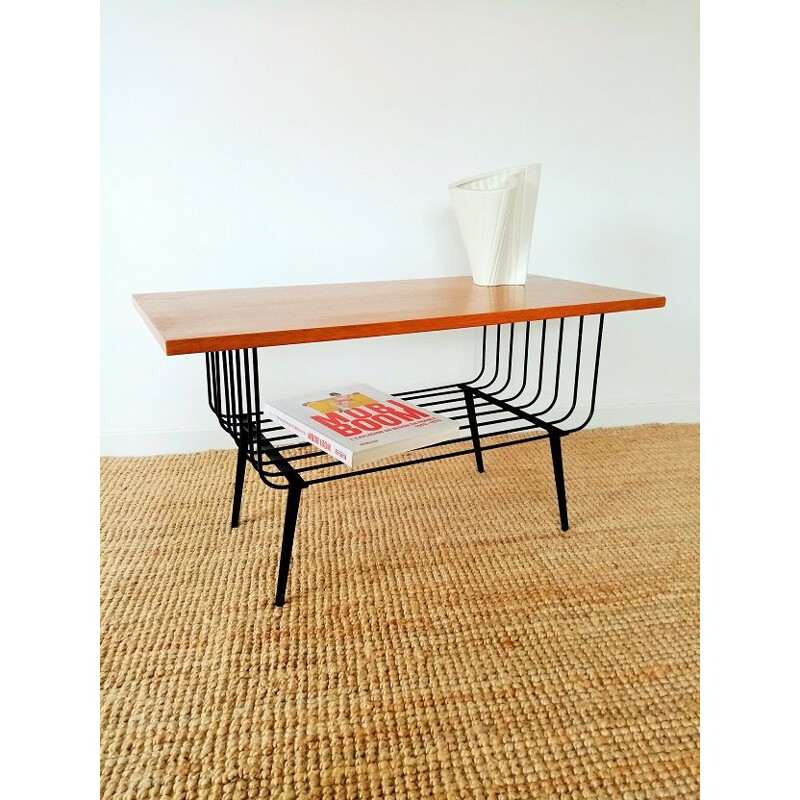 Vintage coffee table in oak and metal 1950