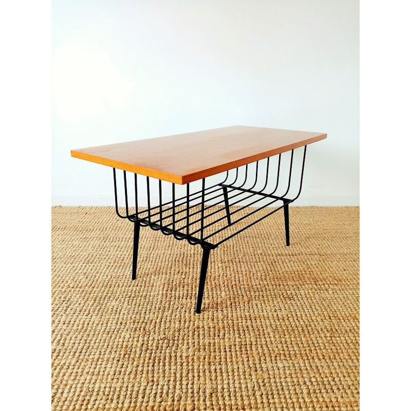 Vintage coffee table in oak and metal 1950