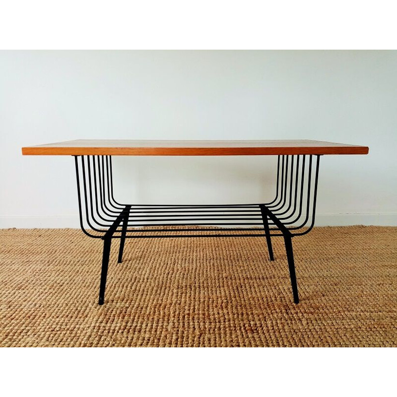 Vintage coffee table in oak and metal 1950