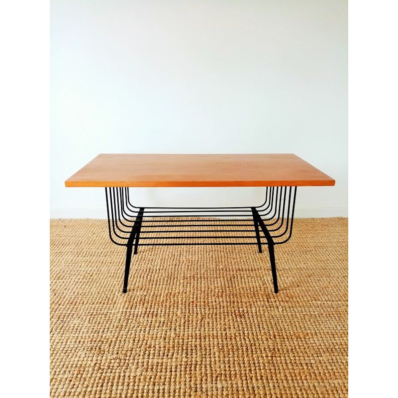 Vintage coffee table in oak and metal 1950