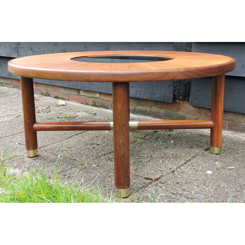 Round vintage teak wood and glass coffee table for G-plan, 1960