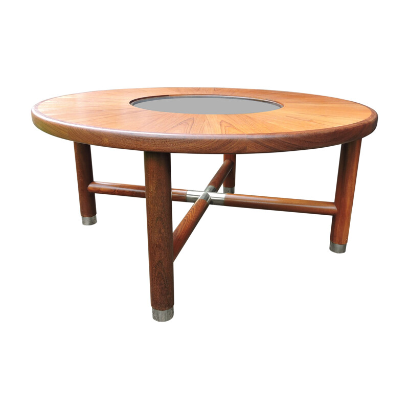 Round vintage teak wood and glass coffee table for G-plan, 1960