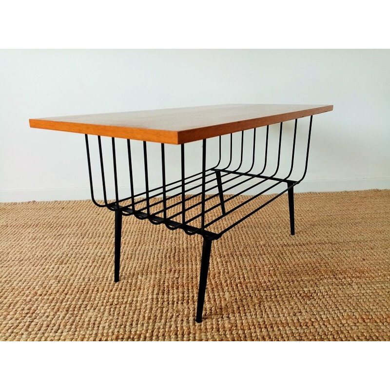 Vintage coffee table in oak and metal 1950