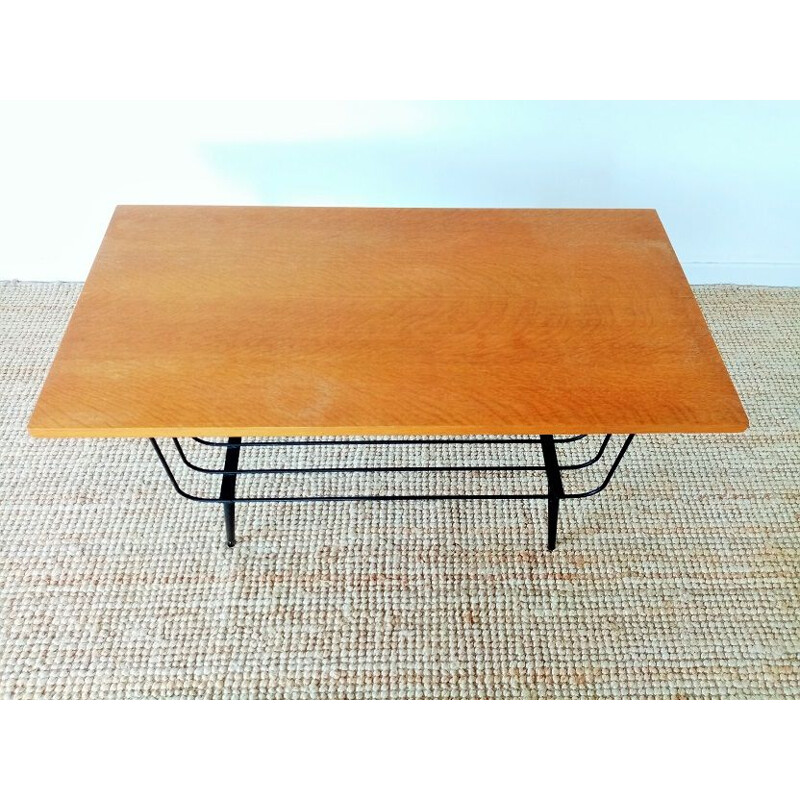 Vintage coffee table in oak and metal 1950