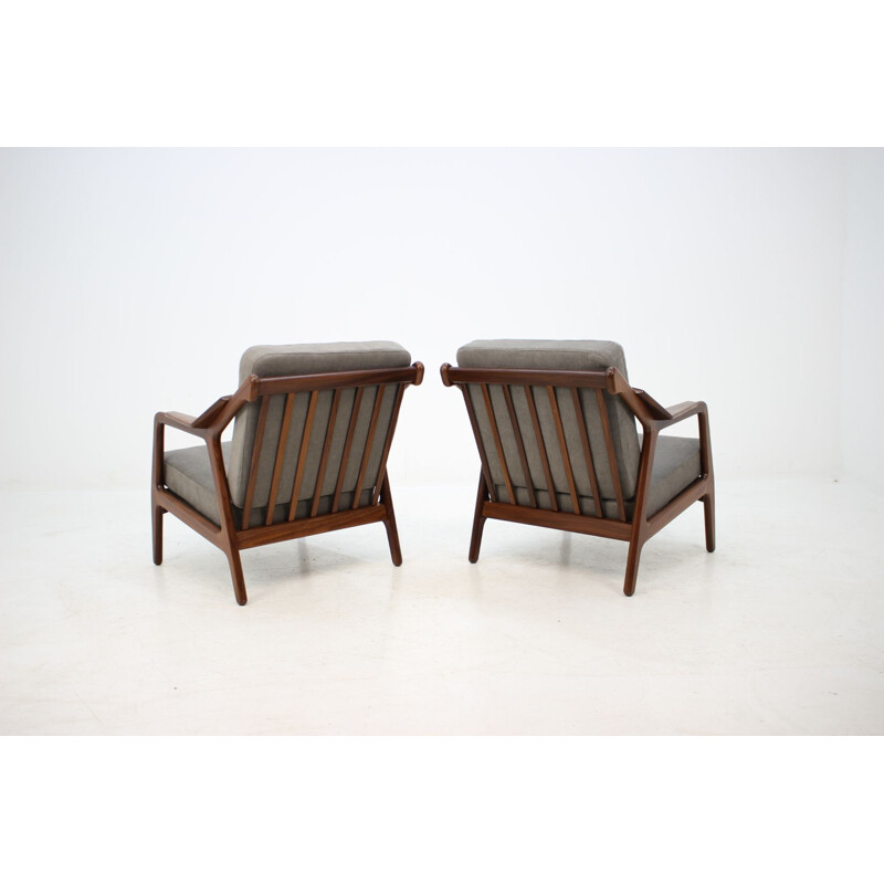 Set of 2 vintage armchairs by Petersen in grey fabric and wood 1970