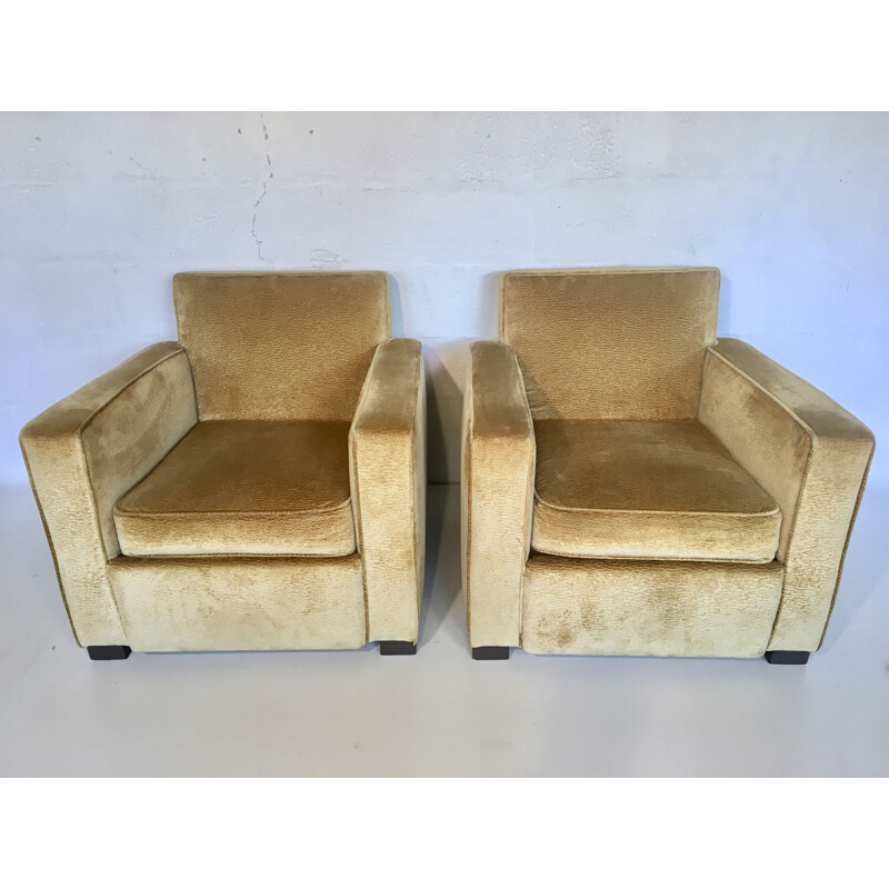 Pair of vintage armchairs in golden yellow velvet