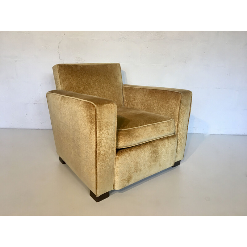 Pair of vintage armchairs in golden yellow velvet