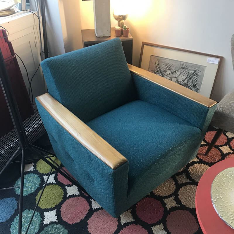 Vintage armchair blue curly wool fabric 1960