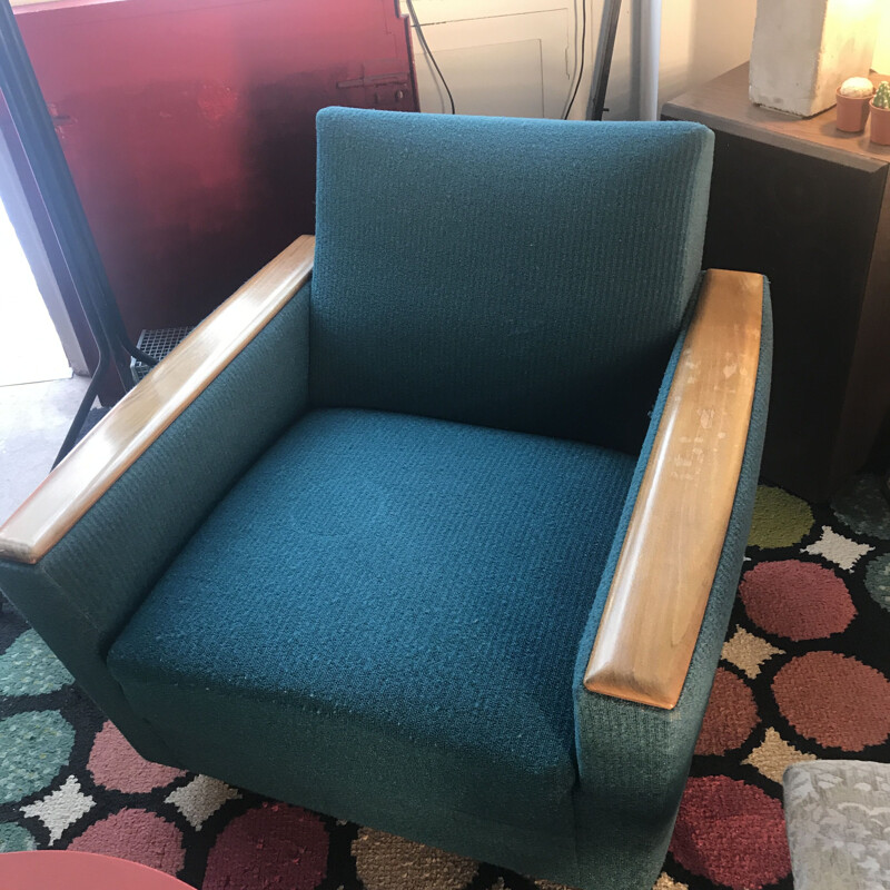 Vintage armchair blue curly wool fabric 1960