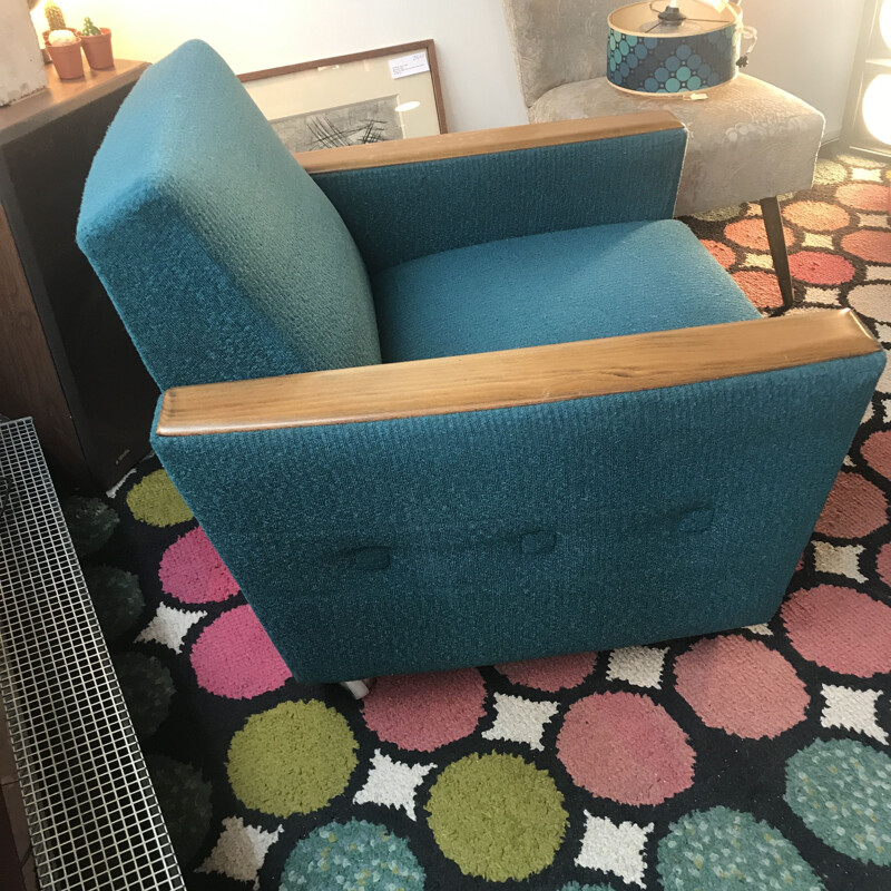 Vintage armchair blue curly wool fabric 1960