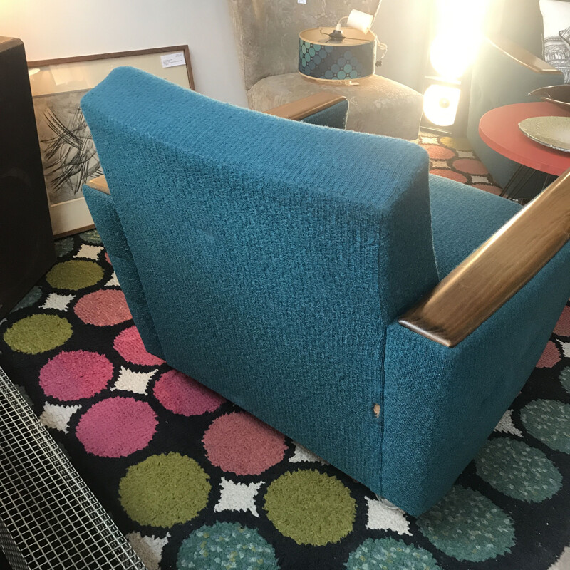 Vintage armchair blue curly wool fabric 1960